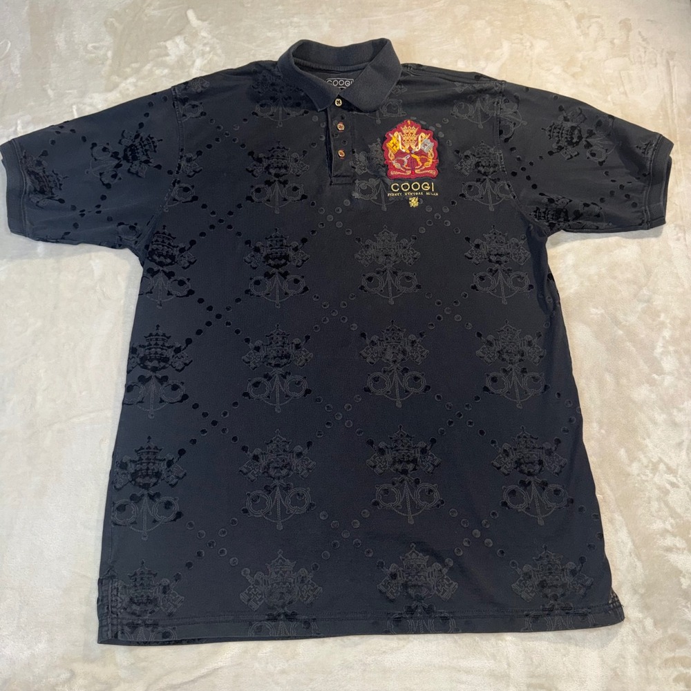 Coogi Mens XXL Black Flocked Crest Polo Shirt Short Sleeve Sydney New York Milan
